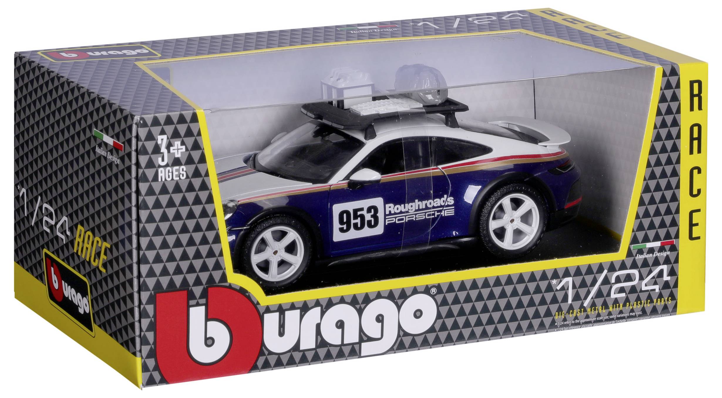 'Bburago'-Spielzeugauto im Maßstab 1:24, Modell eines Rennwagens mit Nummer 953, in einer Verpackung für Kinder ab 3 Jahren.
