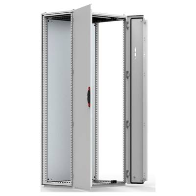 Ein offener, leerer Metallschrank mit montiertem Tür. Die Kanten und der Griff sind sichtbar. Ideal zur technischen Ausstattung oder Verkabelung.