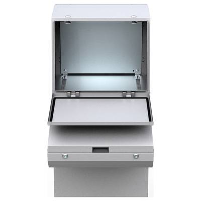 Offener Schrank mit hellem Innenraum, darunter eine Ablagefläche oder leeres Fach. Der Schrank ist aus Metall oder ähnlichem Material.