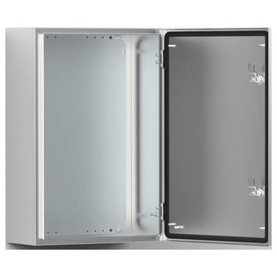 Metallschrank mit offener Tür, zeigt leeren Innenraum. Tür verfügt über zwei Scharniere und Verschlusssystem. Ideal für Lagerung.