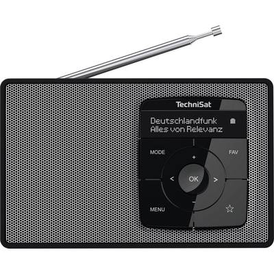 Ein tragbares Radio mit eingeschaltetem Display zeigt 'Deutschlandfunk - Alles von Relevanz'. Ein Antennenstab ist ausgezogen.