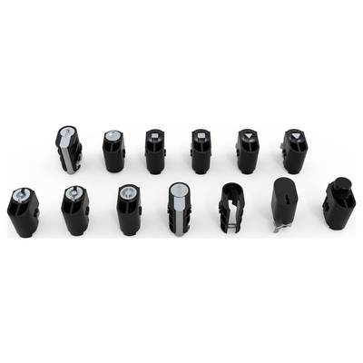 Eine Reihe von schwarzen zylindrischen Steckverbindern mit unterschiedlichen Oberflächenmerkmalen, die für technische Anwendungen vorgesehen sind.