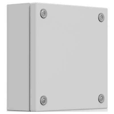 Ein graues, quadratisches Gehäuse mit vier sichtbaren Schrauben an den Ecken, vermutlich für technische Komponenten oder Elektronik.