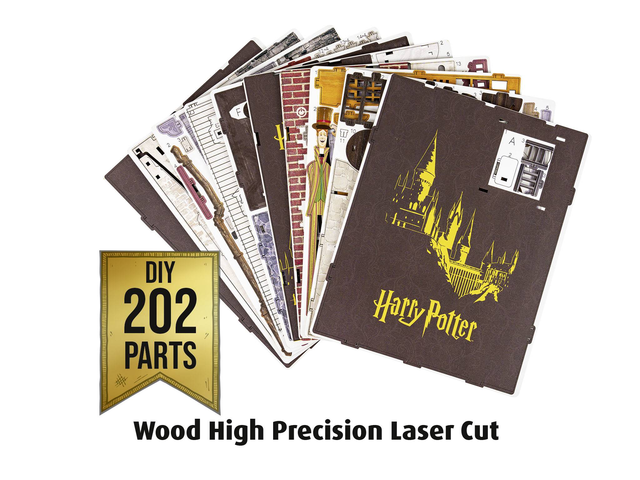 Ein DIY-Bausatz mit 202 Teilen für ein Modell im Harry-Potter-Design, präzise aus Holz gelasert. Enthält Abbildungen und Bauanleitung.