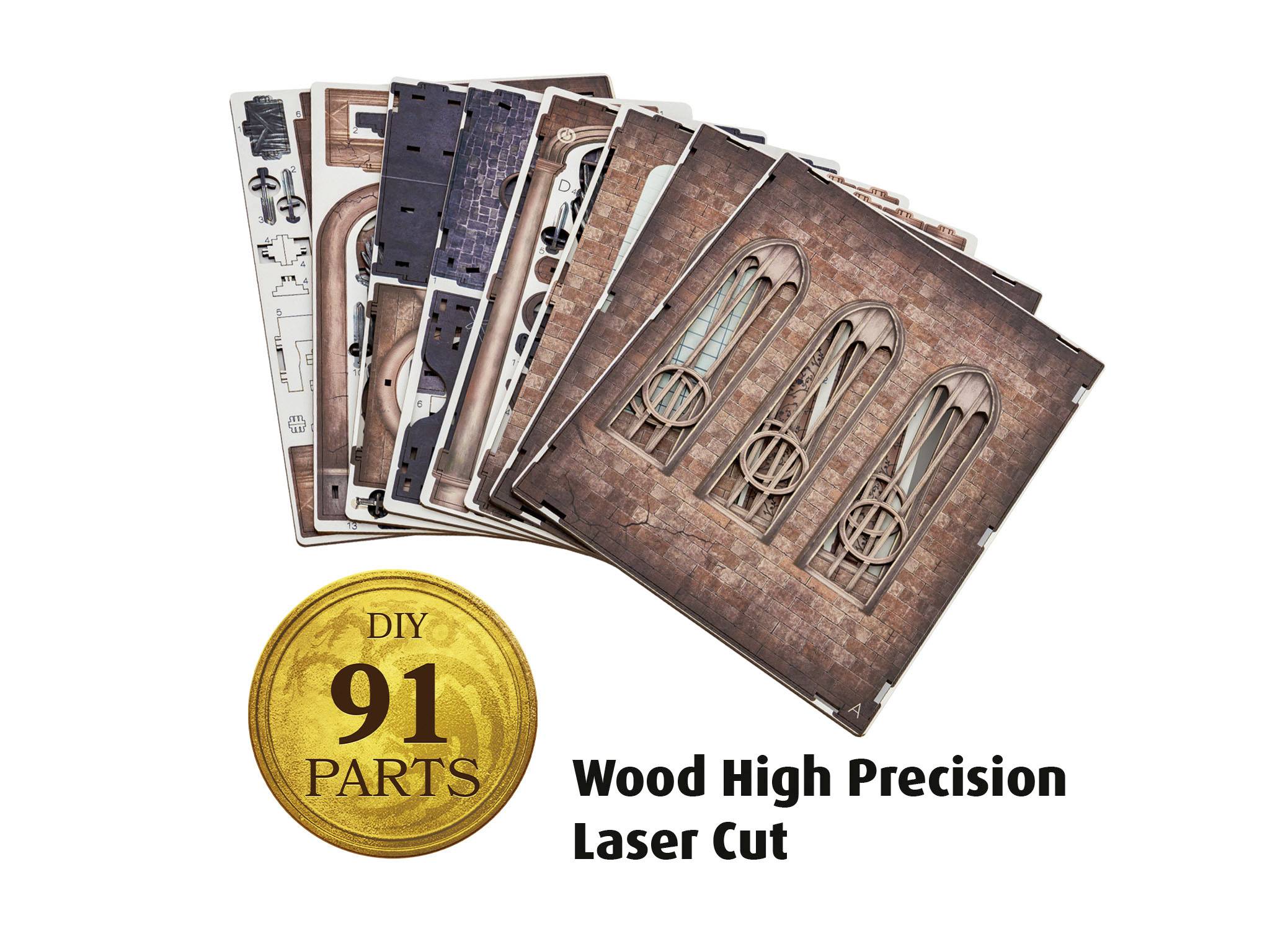 Holzteileset mit 91 Teilen, präzise lasergeschnitten. Enthält detaillierte Architekturplatten mit Fensterdesigns.