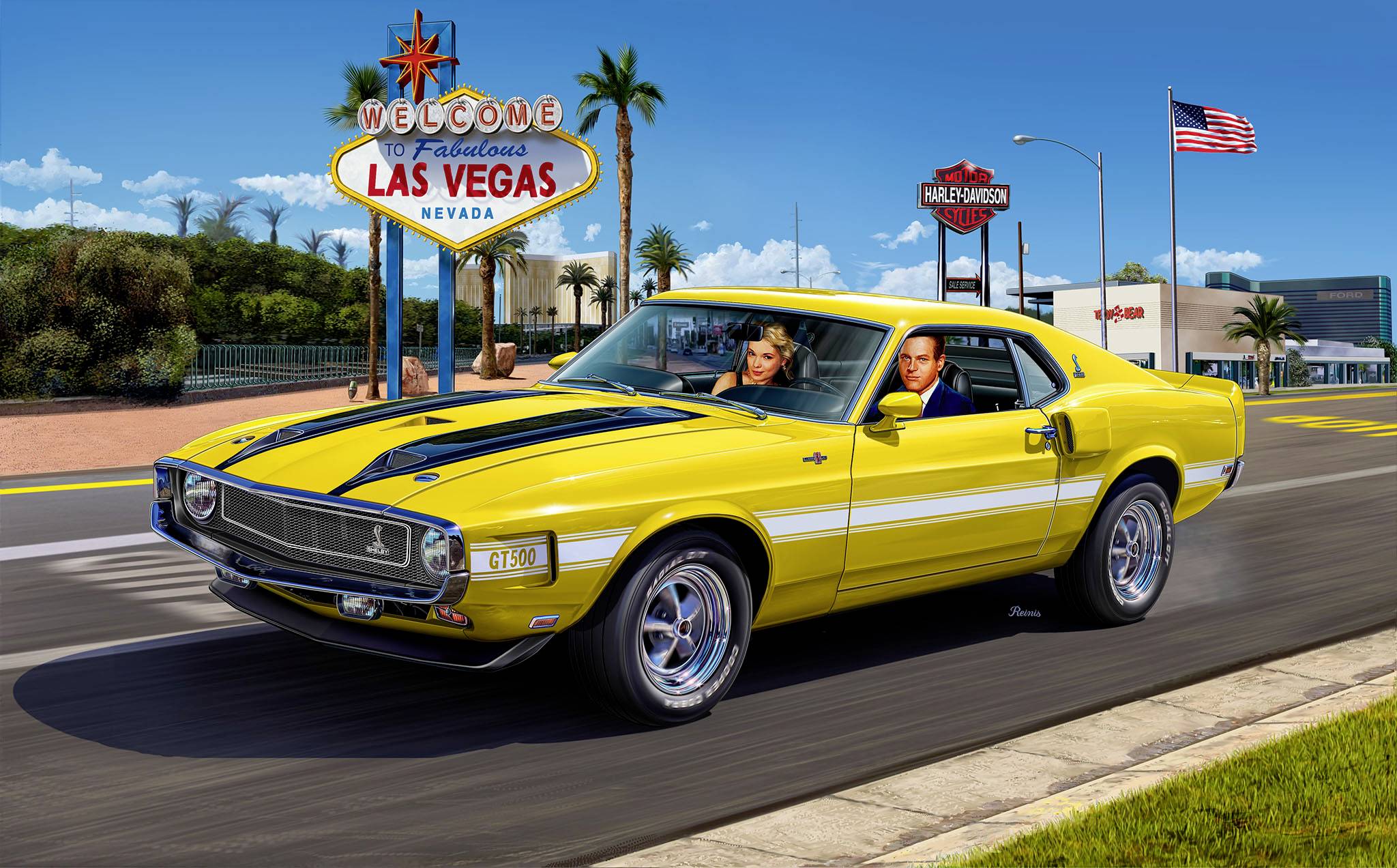 Ein gelbes Auto mit zwei Insassen fährt auf einer Straße in Las Vegas. Im Hintergrund ist das 'Welcome to Fabulous Las Vegas' Schild zu sehen.