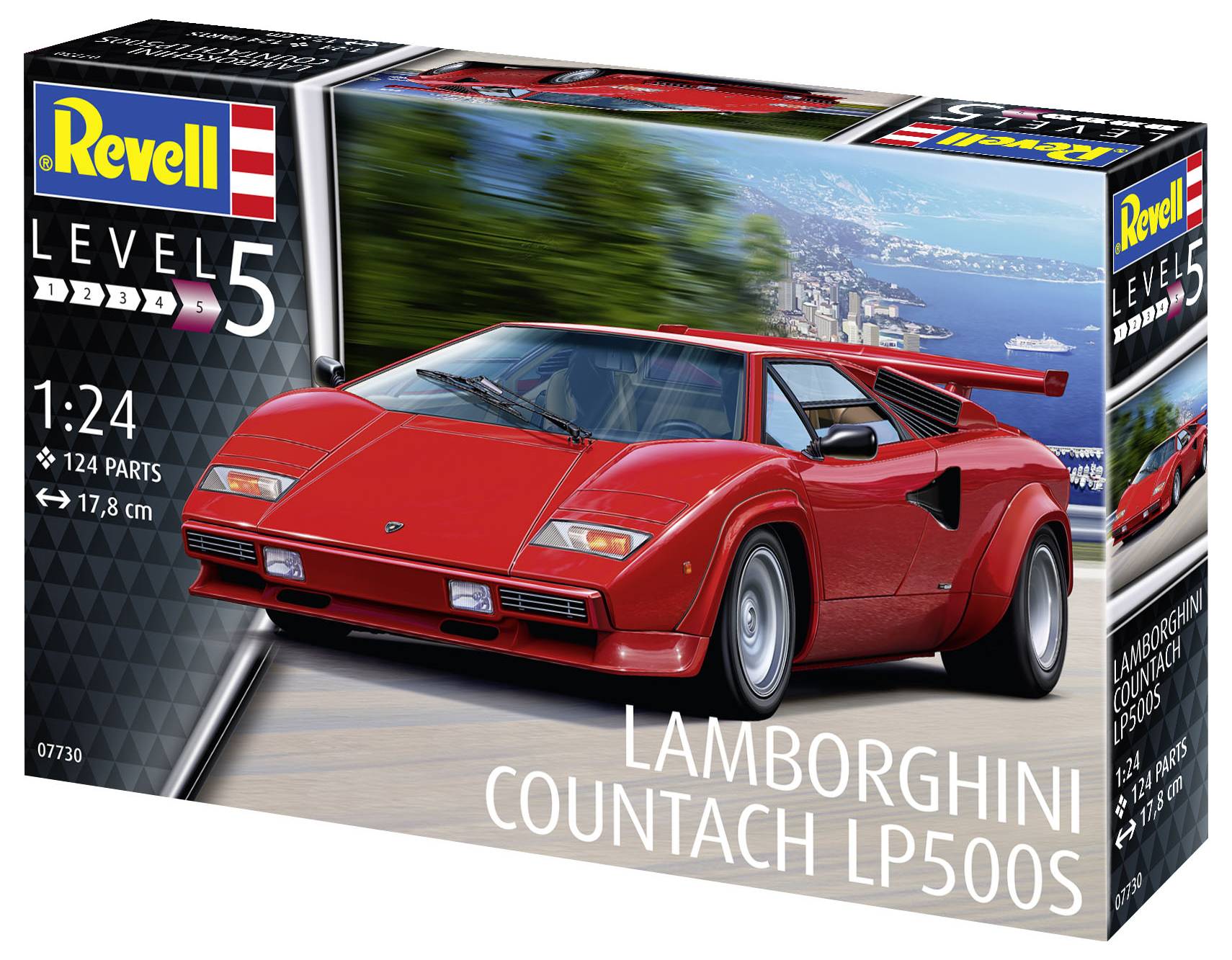 Bausatz eines roten Lamborghini Countach LP500S im Maßstab 1:24. Verpackung zeigt Modellauto mit Hintergrundbild einer Stadt und Küste.