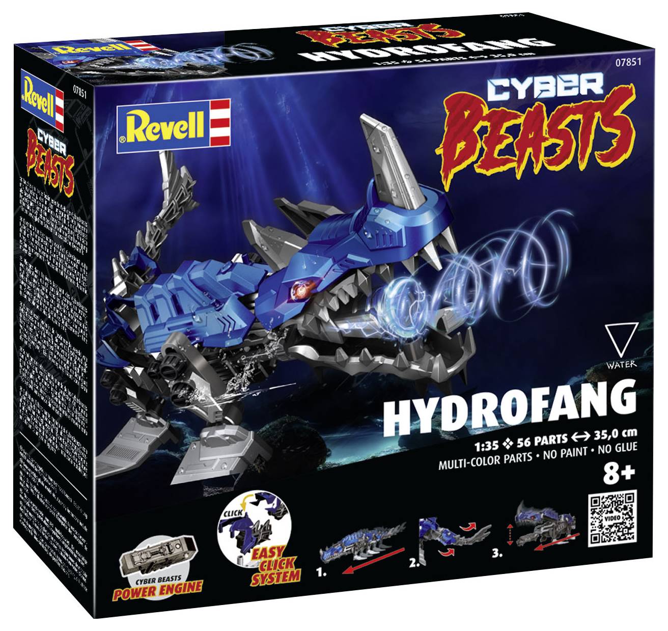 'Revell Cyber Beasts Hydrofang' Bausatz für Kinder ab 8 Jahren. Blaues Drachenmodell, 56 Teile, einfaches Klicksystem, kein Kleber nötig.