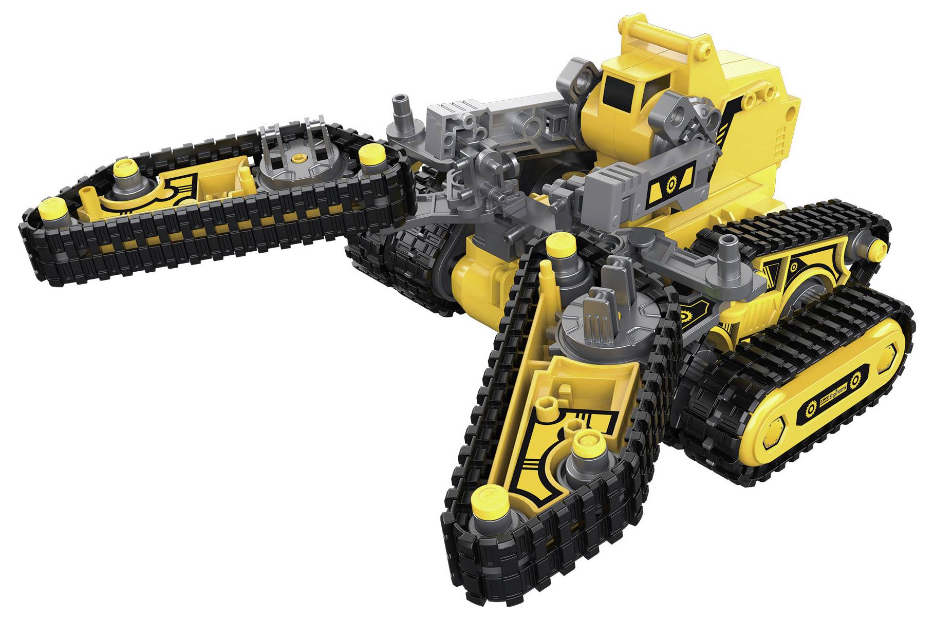 Gelbes und schwarzes Spielzeug-Roboterfahrzeug mit beweglichen Ketten und Armen, das einem Baufahrzeug ähnelt.