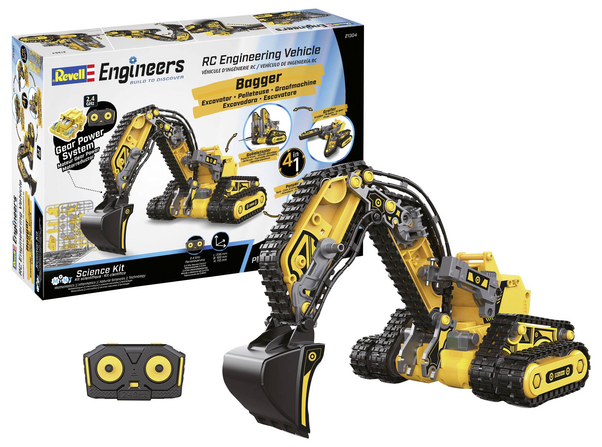 Modellbausatz eines ferngesteuerten gelben Baggers von Revell Engineers mit Fernbedienung und Verpackung im Hintergrund.