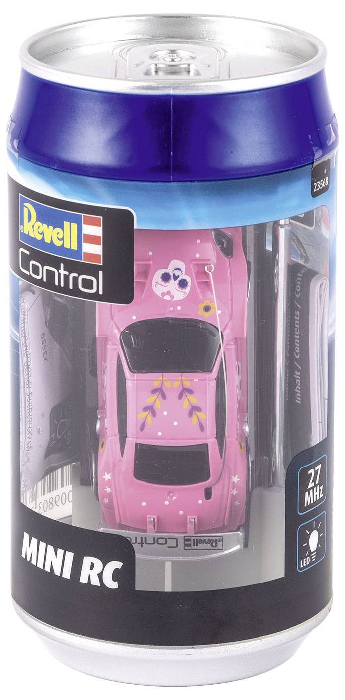Revell Mini RC Auto, rosa, in einer durchsichtigen Dose verpackt. Design mit dekorativen Blumen und einem Cartoon-Gesicht.