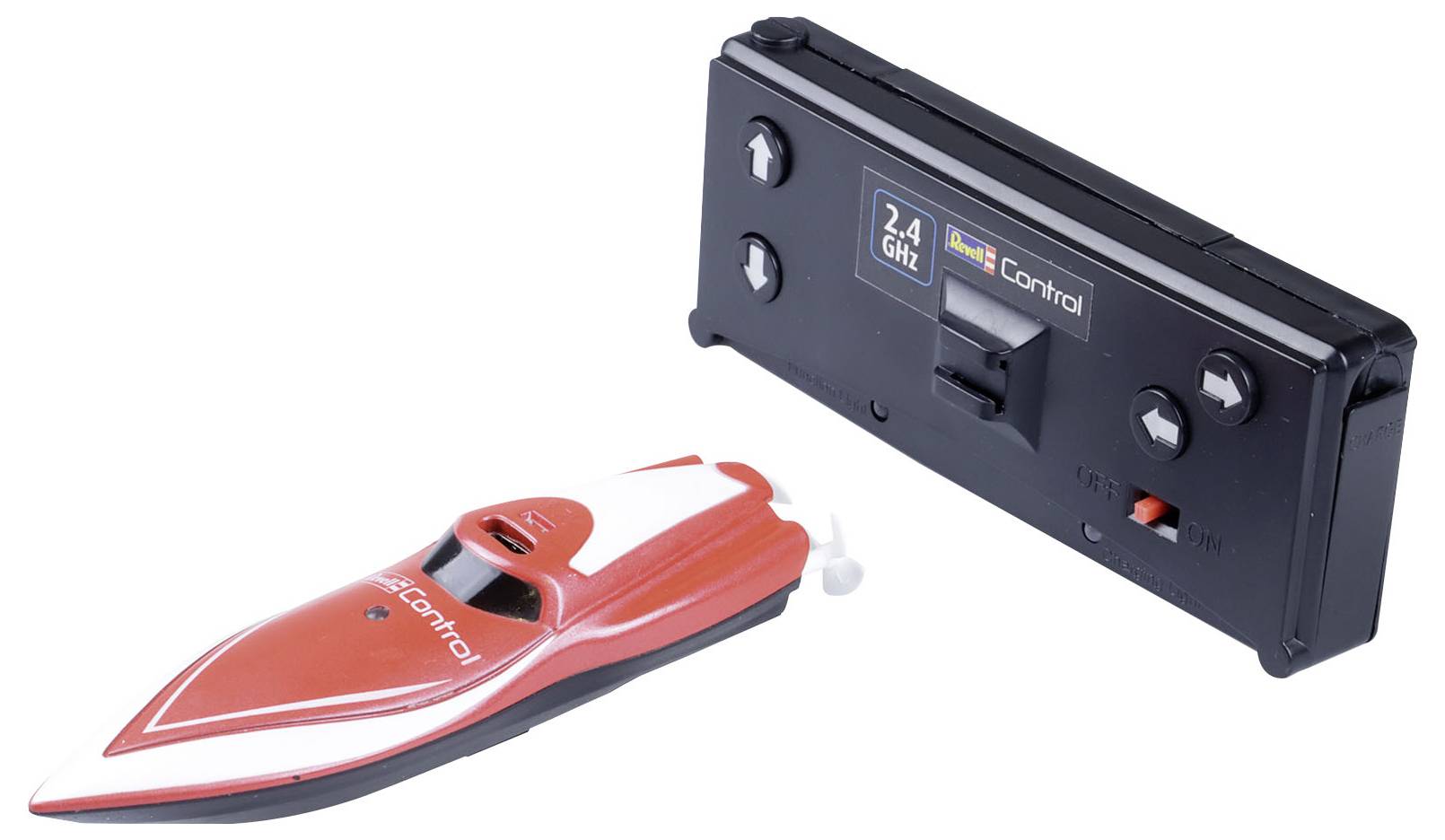 Ein kleines, rot-weißes ferngesteuertes Boot mit passender Fernbedienung, geeignet für den Gebrauch auf Wasseroberflächen.