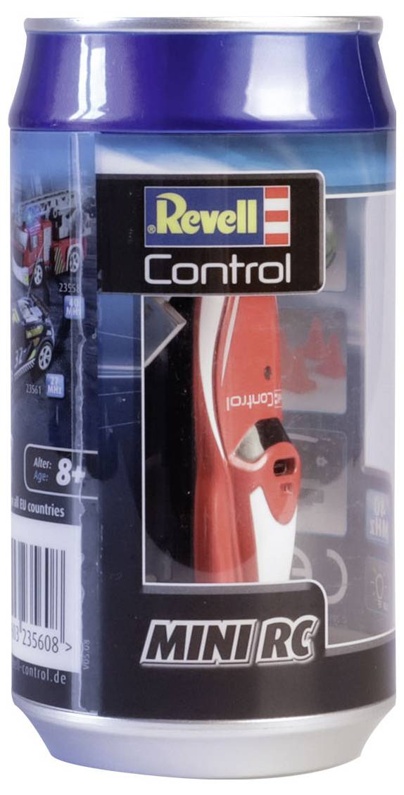 Eine Mini RC-Dose mit einem Revell Control Auto für Kinder ab 8 Jahren. Verpackung zeigt das Produkt und das Revell-Logo.