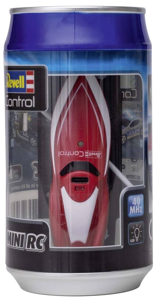 Eine Getränkedose enthält ein Miniatur-Fernsteuerungsboot in Rot. Verpackung zeigt 'Revell Control', 40 MHz und Mini RC.