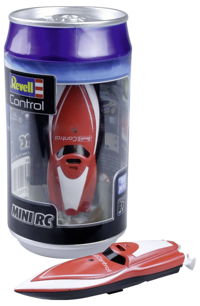 Ein kleines, fernsteuerbares rotes Modellboot im Maßstab 1:64, verpackt in einer durchsichtigen Dose.