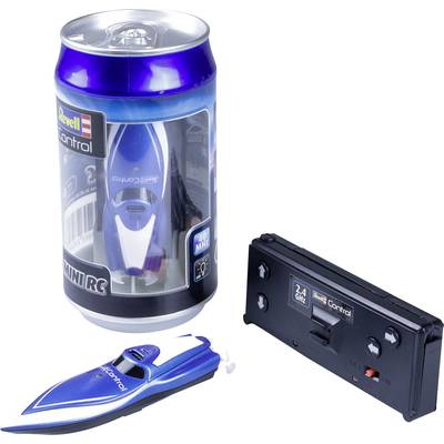 Mini-Fernsteuerboot in einer Getränkedosenverpackung neben Fernbedienung. Das blaue Boot ist auf Wasserfahrten ausgerichtet.