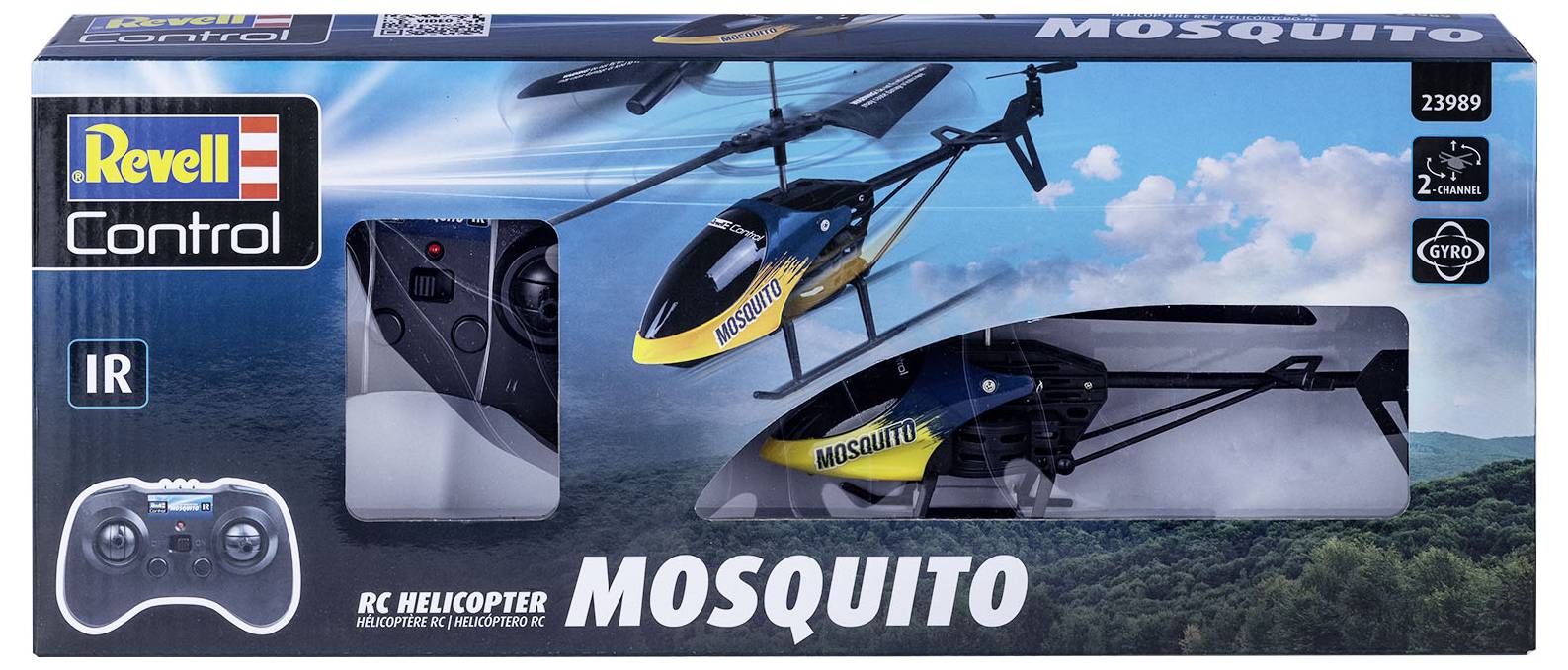 Ferngesteuertes Revell Control 'Mosquito' Hubschrauber-Modell-Set auf Verpackung mit Fernbedienung. Geeignet für Innen- und Außeneinsatz.