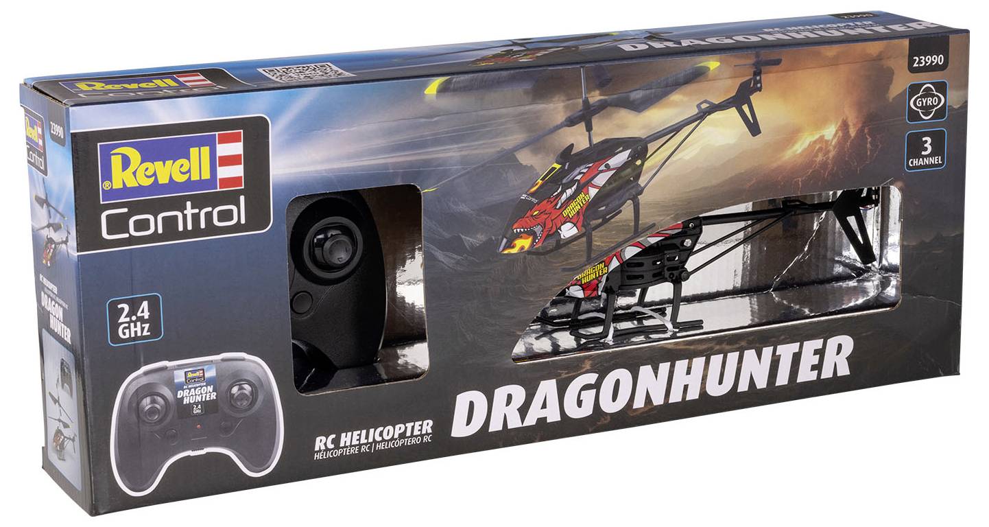 'Revell Control' Verpackung mit einem RC-Helikopter namens 'Dragonhunter' und einer Fernbedienung. 2,4 GHz, 3 Kanäle.