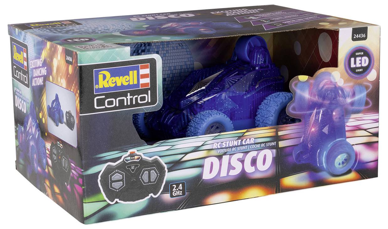 Spielzeugauto-Verpackung 'Revell Control RC Stunt Car Disco' mit Fernbedienung und LED-Lichtern, abzulesen: 'Hüpfen, Tanzen, Glühen'.