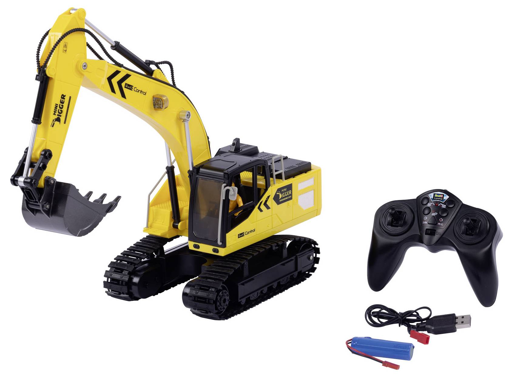 'Gelber Spielzeug-Bagger mit Fernbedienung, USB-Kabel und Akku. Der Bagger hat einen beweglichen Ausleger und ist auf Ketten montiert.'