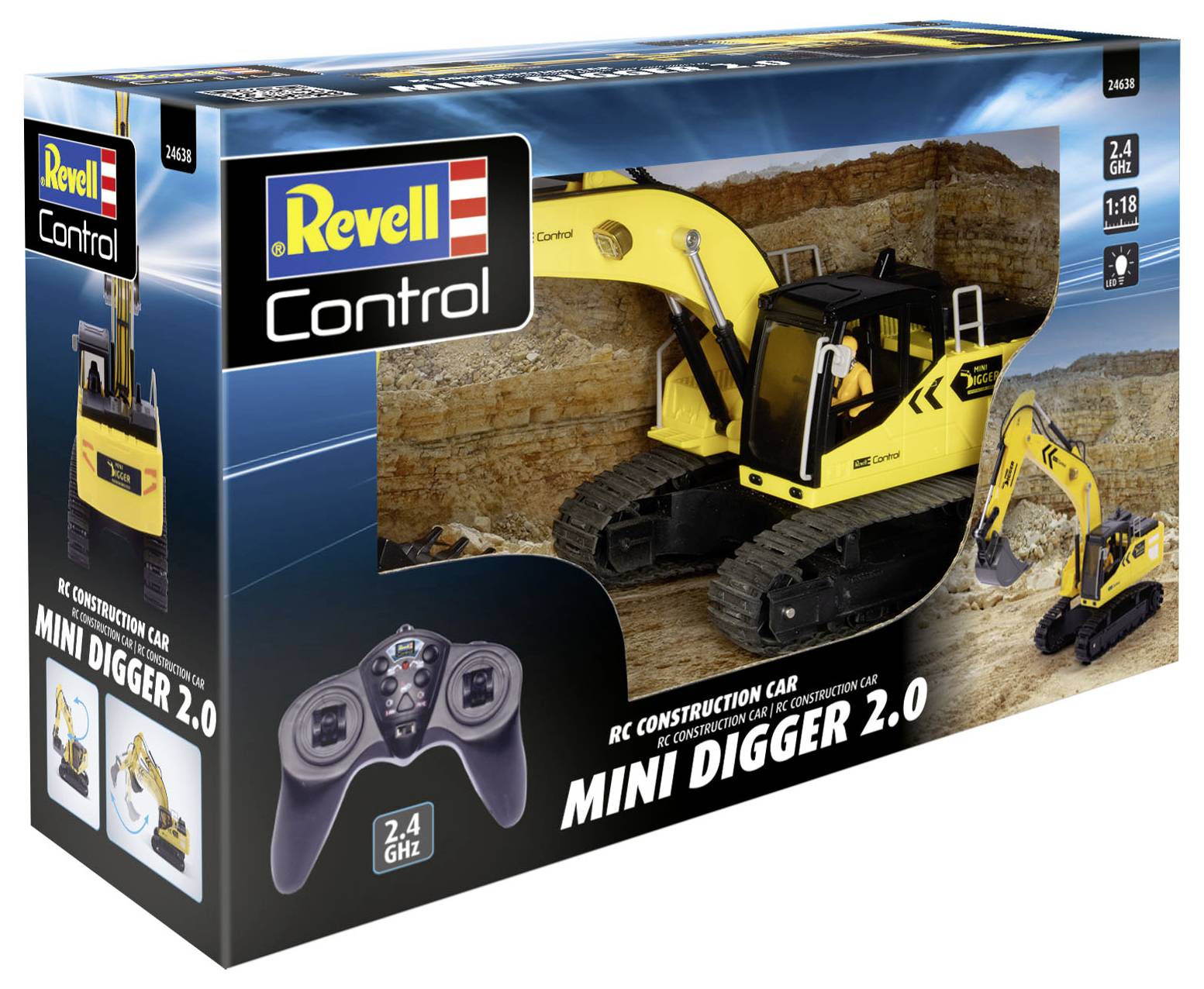 Spielzeugkarton mit Modell eines gelben Baggers und einer Fernbedienung, beschriftet als 'Mini Digger 2.0', Maßstab 1:18.