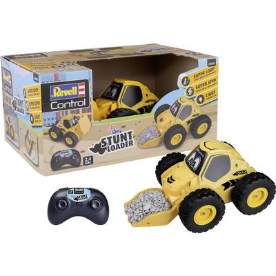 Spielzeug-Baumaschine 'My Little Stunt Loader' in gelb-schwarz mit Fernbedienung. Verpackung zeigt Fahrzeugdetails und Funktionen.