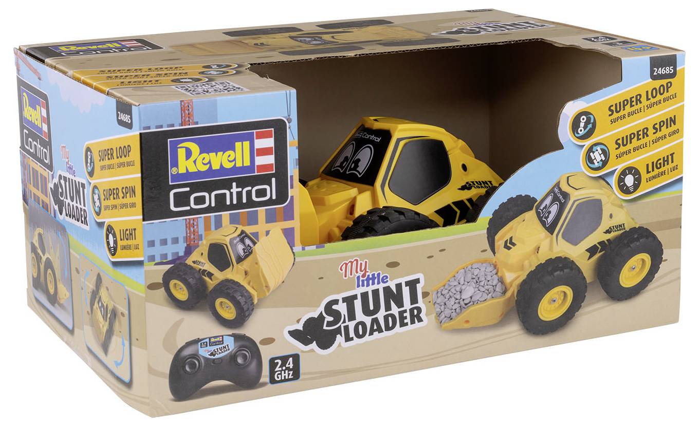 Spielzeugauto-Verpackung von 'Revell Control', zeigt gelbes ferngesteuertes Stunt-Fahrzeug mit Funktionen: Super Loop, Super Spin, Licht.