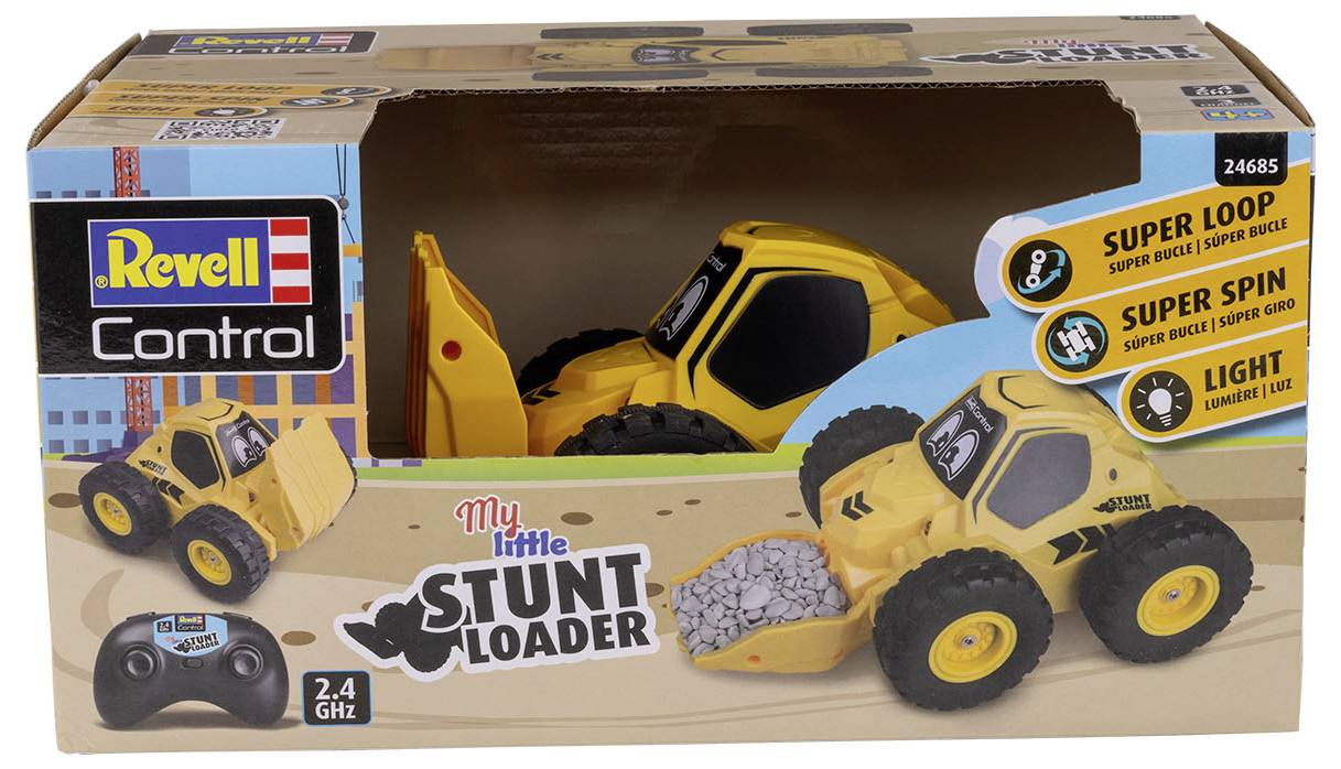 Spielzeug-Stuntauto-Verpackung des Modells 'My Little Stunt Loader' von Revell Control mit Fernbedienung und Funktionen, wie Super Loop, Super Spin und Leuchtlicht.