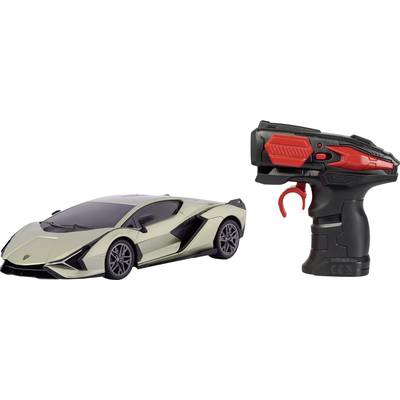 Ferngesteuertes Modellauto in Grau mit passendem schwarzen Controller mit roten Details, dargestellt auf weißem Hintergrund.