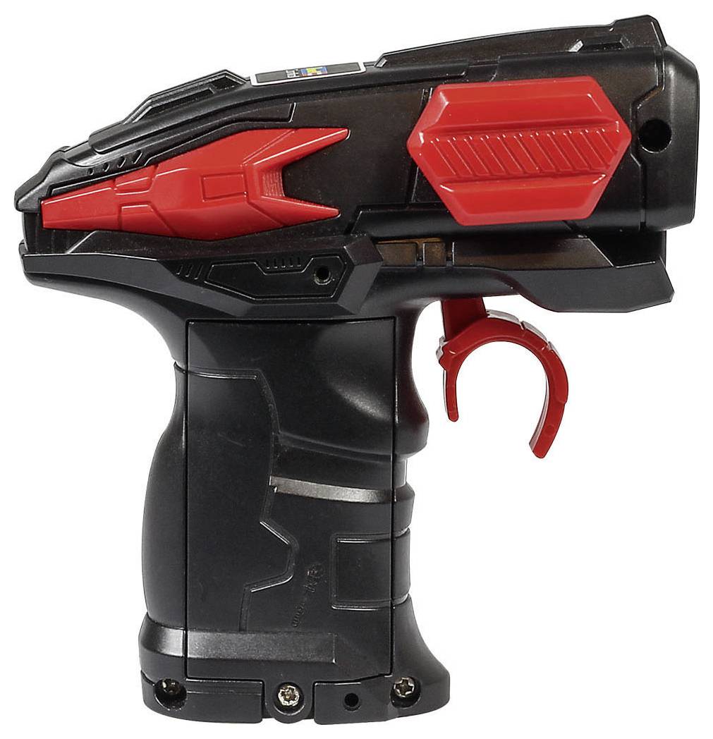 Schwarzes und rotes Spielzeug mit pistolenähnlichem Design und futuristischen Details.