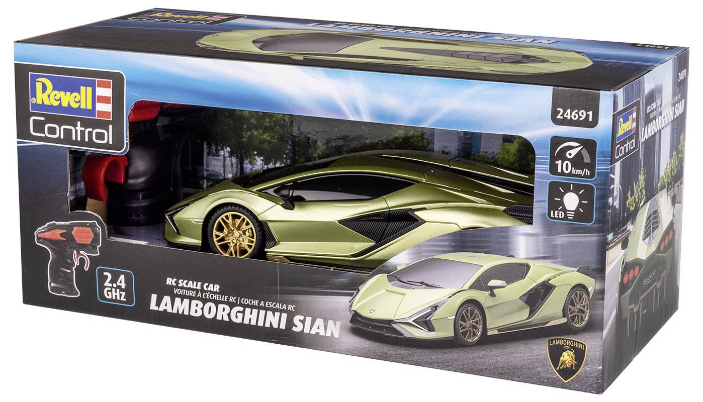 Eine Spielzeugverpackung zeigt ein ferngesteuertes Modellauto des Lamborghini Sian in grün, mit Fernbedienung und Markendetails.