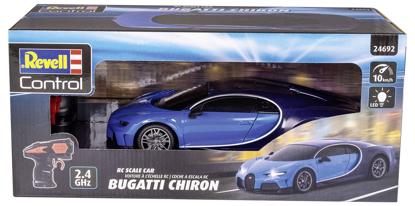 Revell Control RC Modellauto Bugatti Chiron in blauer Verpackung, 2,4 GHz Steuerung, geeignet für Personen ab 10 Jahren.