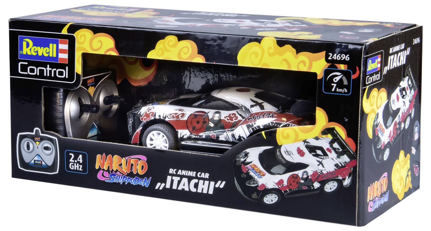 Revell Control RC-Auto mit 'Naruto Shippuden Itachi'-Design. Verpackung zeigt Modellauto und Fernbedienung, maximal 7 km/h.