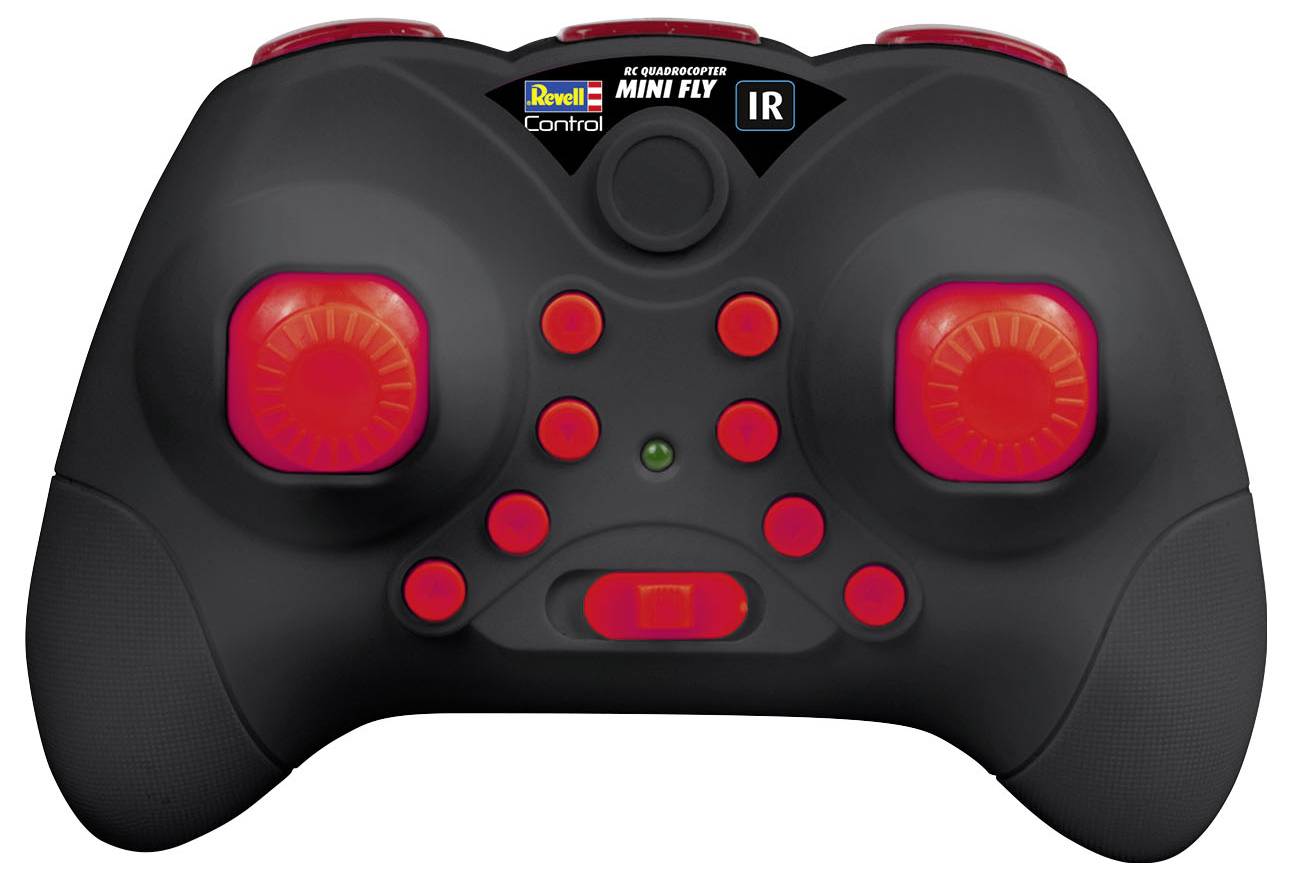 Schwarzer Spielcontroller mit roten Knöpfen. Oben das Logo von 'Revell Control' und 'RC Quadrocopter MINI FLY IR'.