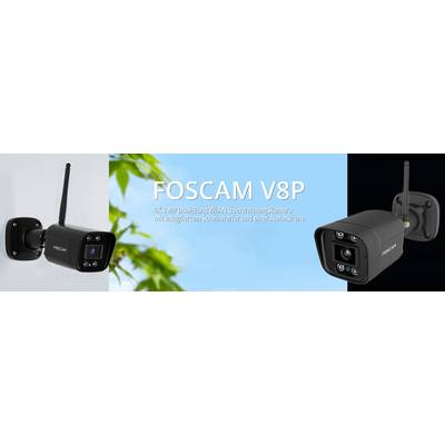 FOSCAM V8P: 4K 3MP Dual-Band WLAN Überwachungskamera, ausgestattet mit Scheibenwischer und Alarmsirene, vor blauem Hintergrund.