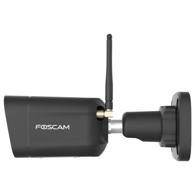 Schwarze Überwachungskamera von Foscam mit Antenne, seitliche Ansicht. Befestigt an einer Wandhalterung.