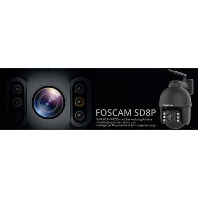 FOSCAM SD8P Überwachungskamera mit 8 MP und 4-fach optischem Zoom, bietet intelligente Personen- und Fahrzeugerkennung.