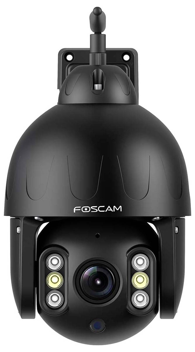 Schwarze Überwachungskamera von Foscam mit kugelförmigem Design und mehreren integrierten LEDs für Nachtsicht.
