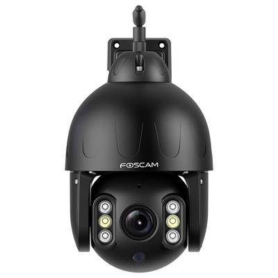 Schwarze Überwachungskamera von Foscam mit kugelförmigem Design und mehreren integrierten LEDs für Nachtsicht.