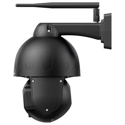 Schwarze Überwachungskamera mit Antenne, montiert an einer Wandhalterung.