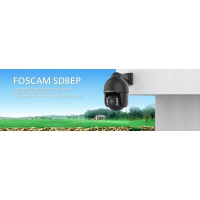 Überwachungskamera 'FOSCAM SD8EP' mit 8 MP, 4-fach Zoom und Personen-/Fahrzeugerkennung, montiert an einer Gebäudeaußenwand.