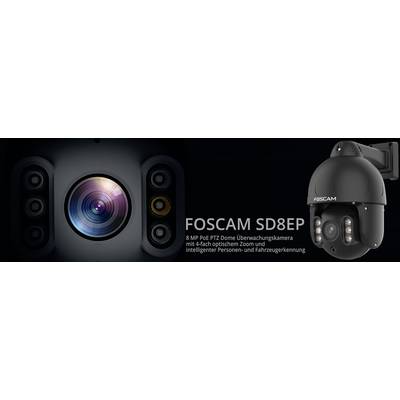 Nahaufnahme einer FOSCAM SD8EP Überwachungskamera mit 8 MP, PTZ-Funktion, 4-fachem Zoom und integrierter Personen- und Fahrzeugerkennung.