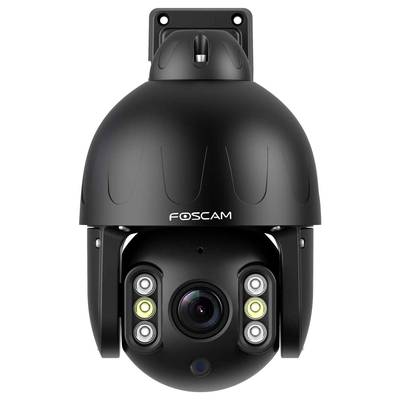 Überwachungskamera, schwarz, mit vier LED-Lichtern um das Objektiv, Marke 'FOSCAM', zur Sicherheit im Außenbereich geeignet.