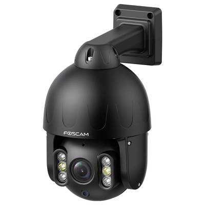 Überwachungskamera von Foscam, montiert an einer Wandhalterung. Sie hat ein rundes schwarzes Gehäuse und LED-Leuchten.