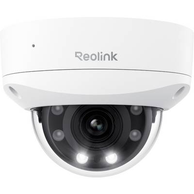 Eine weiße Reolink Dome-Sicherheitskamera mit transparenter Abdeckung, die ihr Objektiv und LED-Lichter zeigt, entwickelt für Überwachungszwecke.
