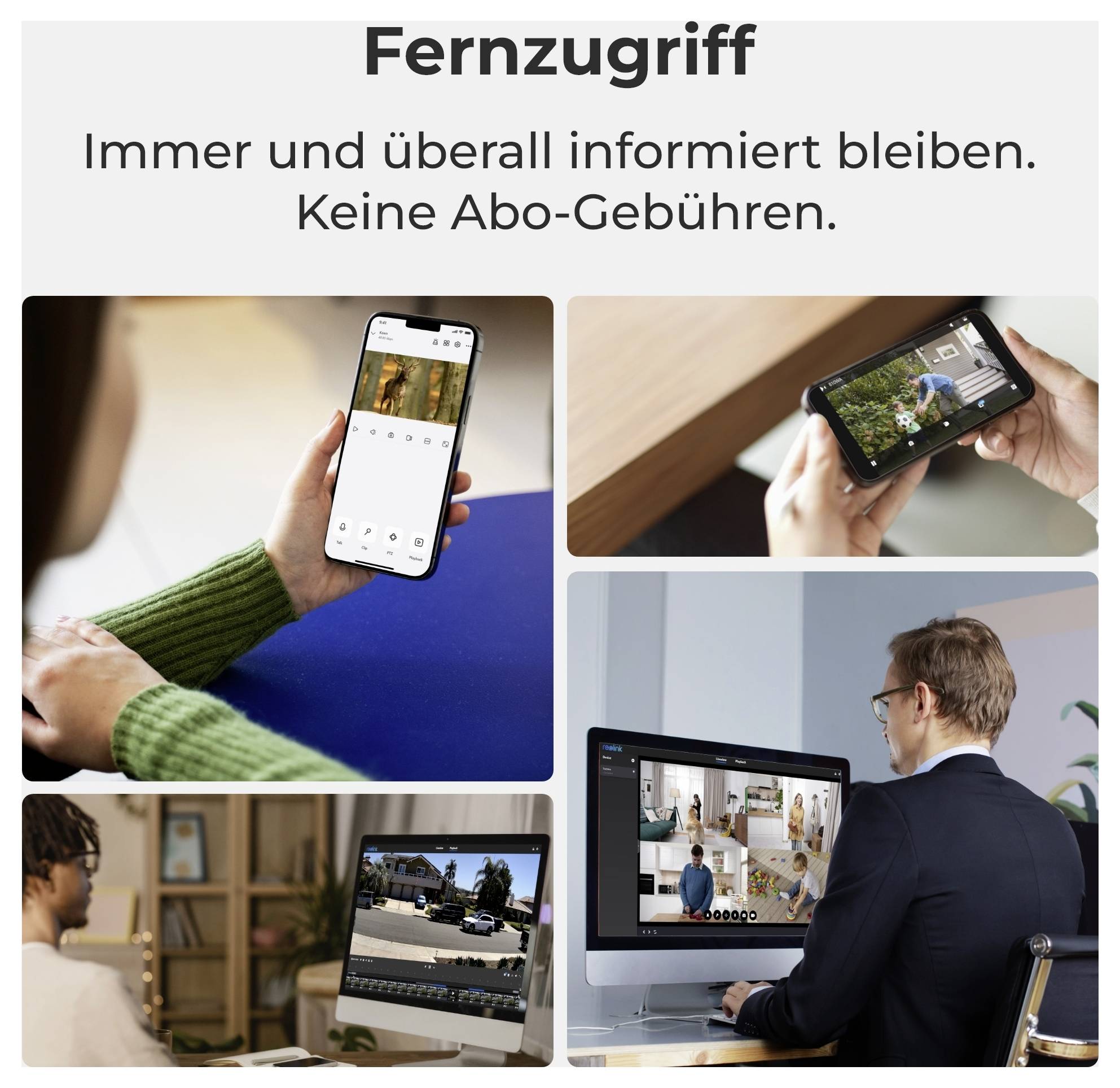 Verschiedene Menschen nutzen unterschiedliche Geräte wie Smartphones, Tablets und Computer, um Sicherheitskamera-Aufnahmen zu betrachten. Text: 'Fernzugriff - Immer und überall informiert bleiben. Keine Abo-Gebühren.'
