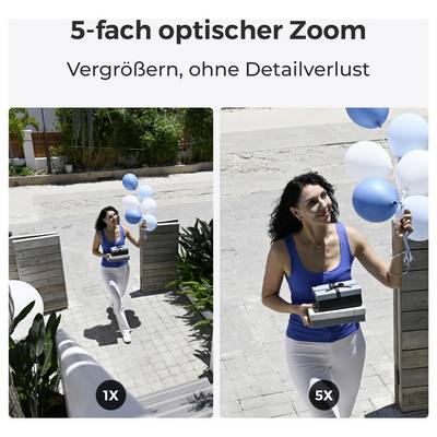 Split-Bild zeigt eine Frau im Freien, die Luftballons und Geschenkkartons hält. Links: Standardansicht, rechts: vergrößerte Ansicht. Text auf Deutsch lautet '5-fach optischer Zoom', 'Vergrößern, ohne Detailverlust'.