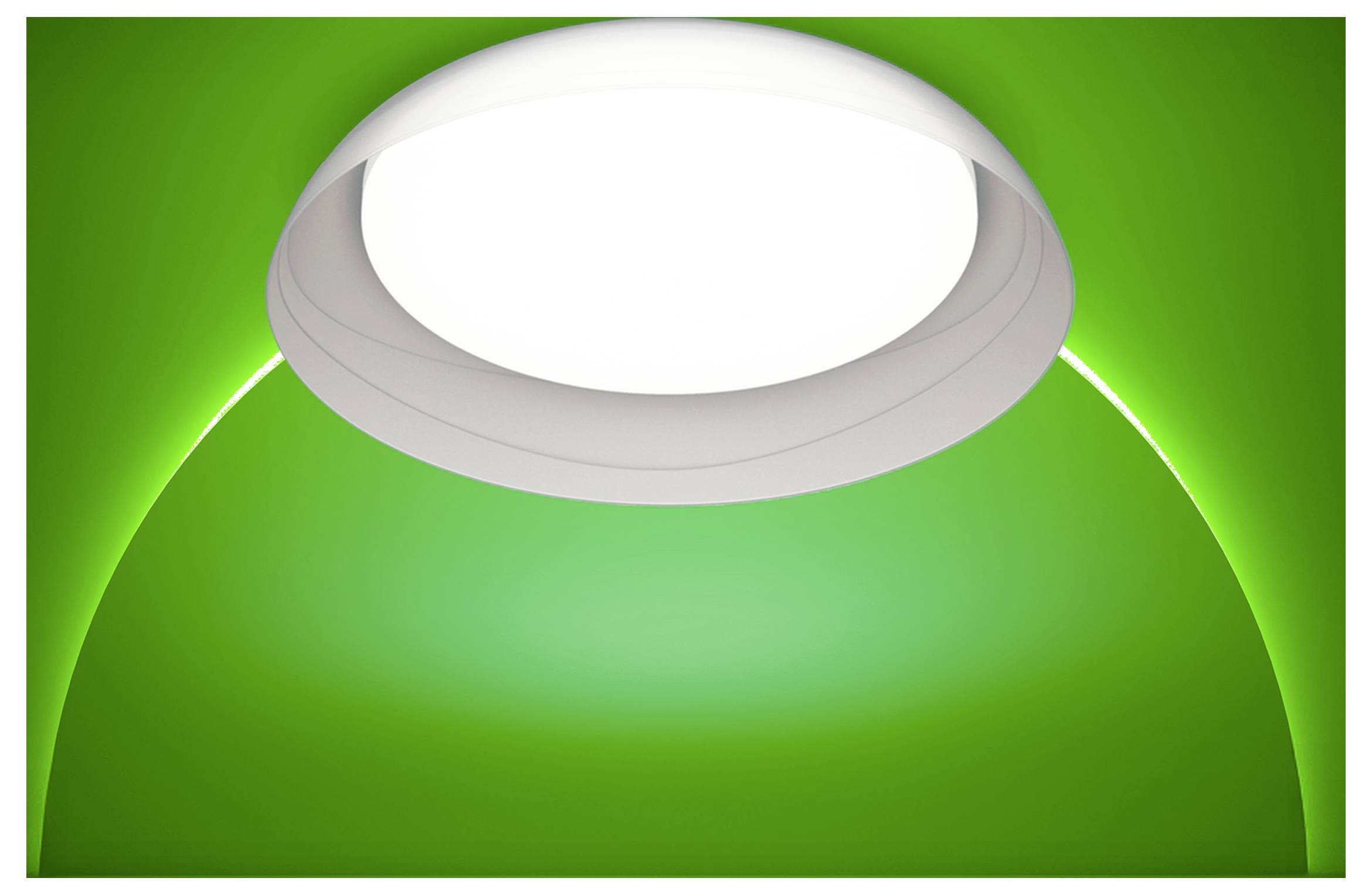 Grüne kugelförmige Leuchte mit einer weißen ovalen Öffnung oben, die einer stilisierten Lampe oder einem Portal auf hellem grünem Hintergrund ähnelt.