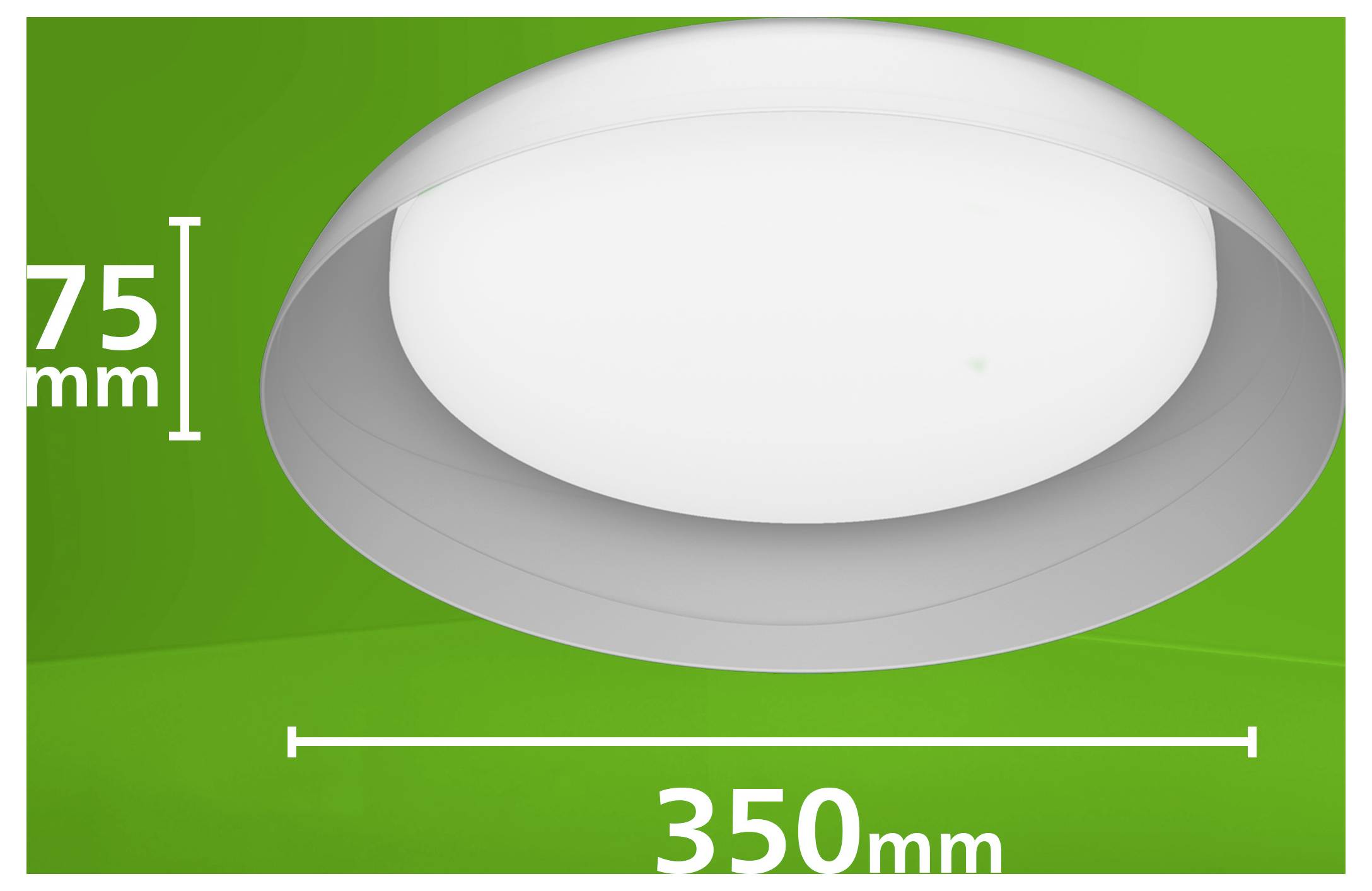 Draufsicht einer runden weißen Leuchte auf grünem Hintergrund, mit einer Höhe von 75 mm und einer Breite von 350 mm beschriftet.