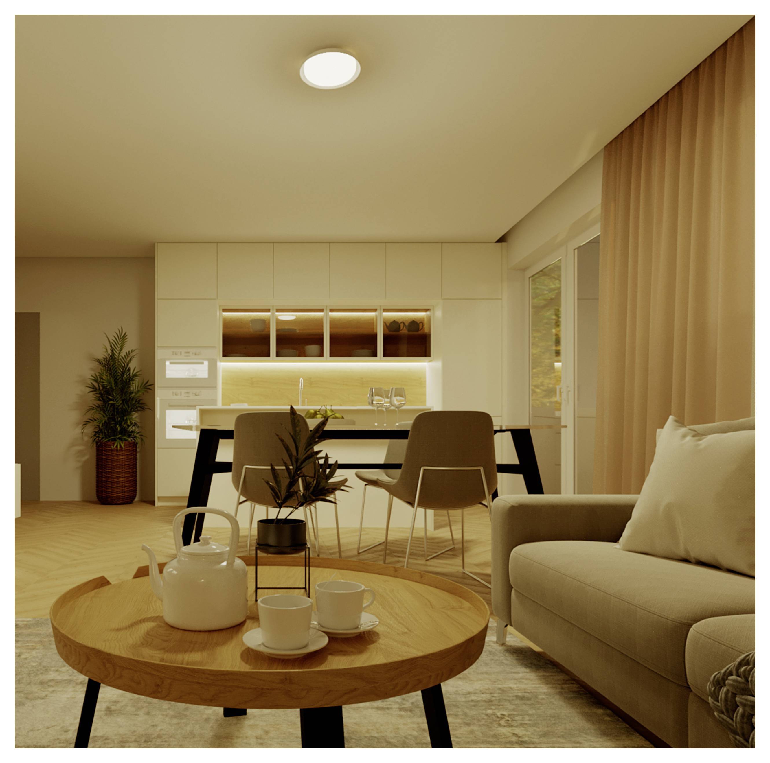 Ein warmer moderner Wohn-Essbereich mit Sofa und rundem Couchtisch im Vordergrund, der sich zu einer eleganten Küche mit Insel und Barhockern öffnet.